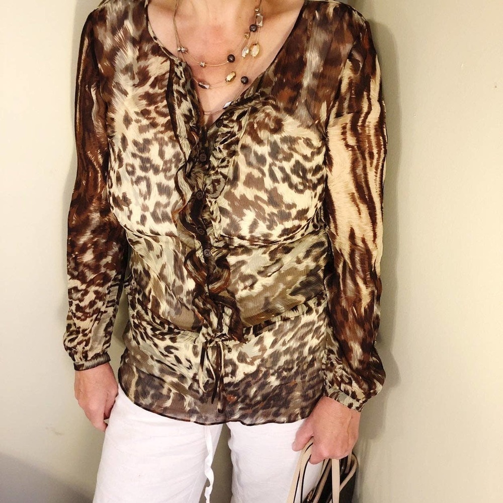 Cabi Tunic Top M Semi Sheer Button Front Long Sleeve Animal Print Brown Silk